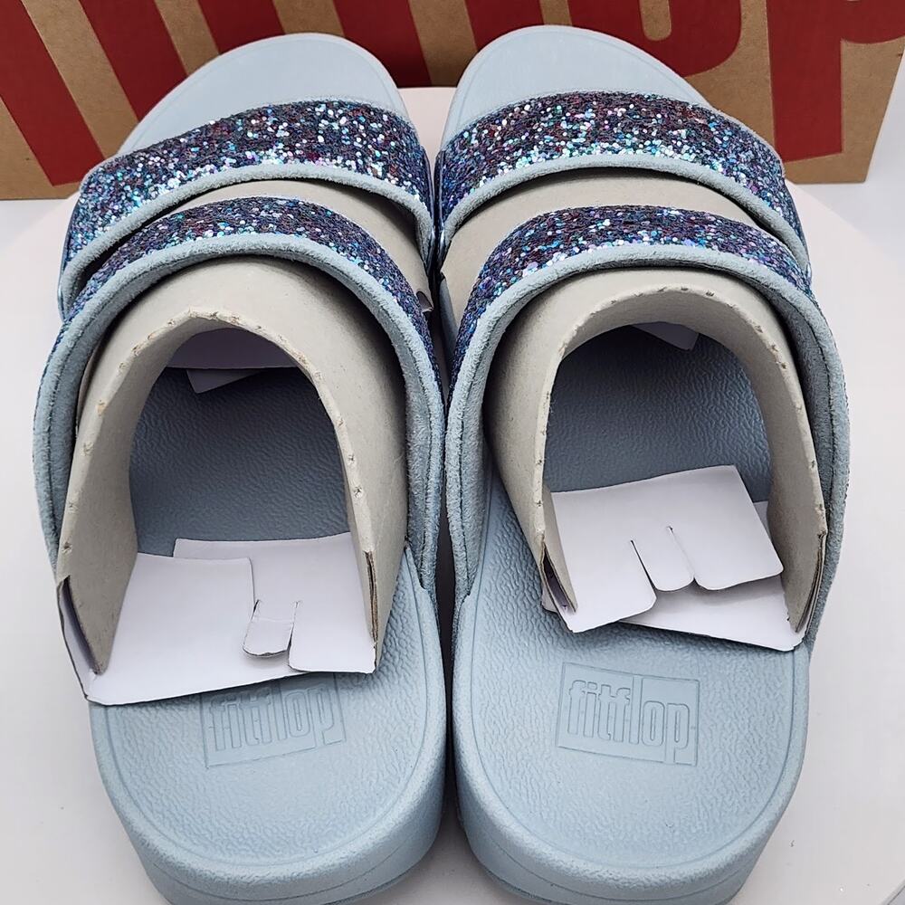 NEW - FitFlop Lulu Women’s Quiet Blue Glitter Wedge Sandals Comfort Size 10 - Picture 6 of 8